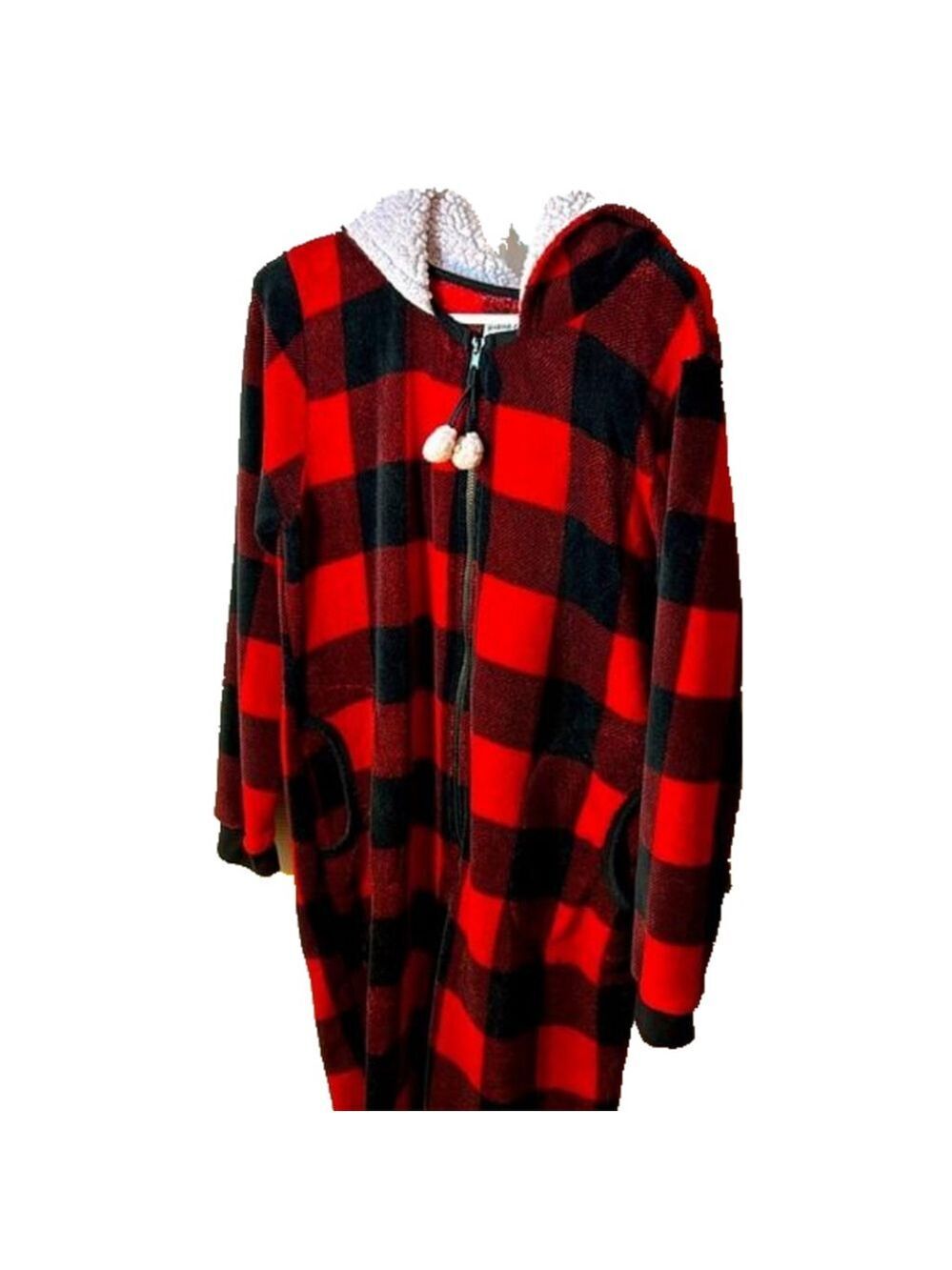 weekend edition red plaid fleece hooded one peice XL pajamas